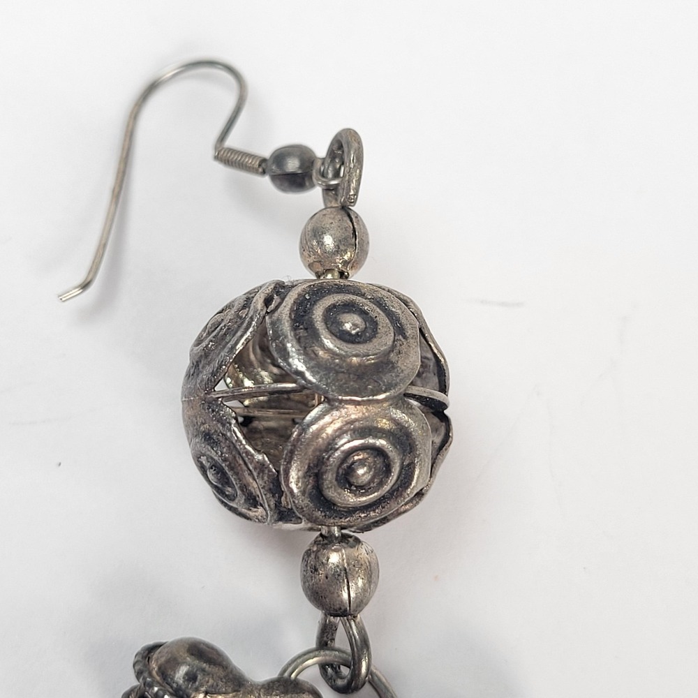 Silver Tone Beaded Dangle Earrings Round Spiral Ball Drop Aztec Boho Jewelry - Picture 3 of 4